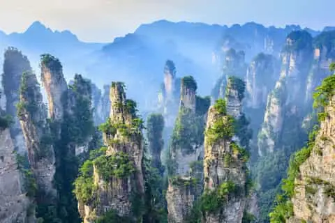 Pilares de arenisca cubiertos de vegetación entre la niebla en el parque de Zhangjiajie